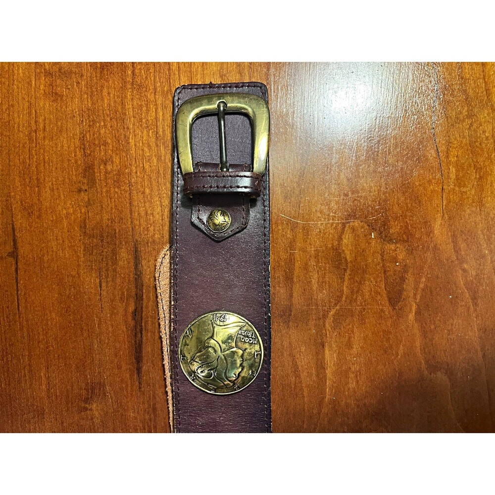 Vintage Brown Leather Handmade Belt Adjustable Buckle 36” Brass Coin Western